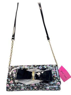 NWT Betsey Johnson Gem Bow Crossbody Purse W/Floral Interior Gold Chain Strap